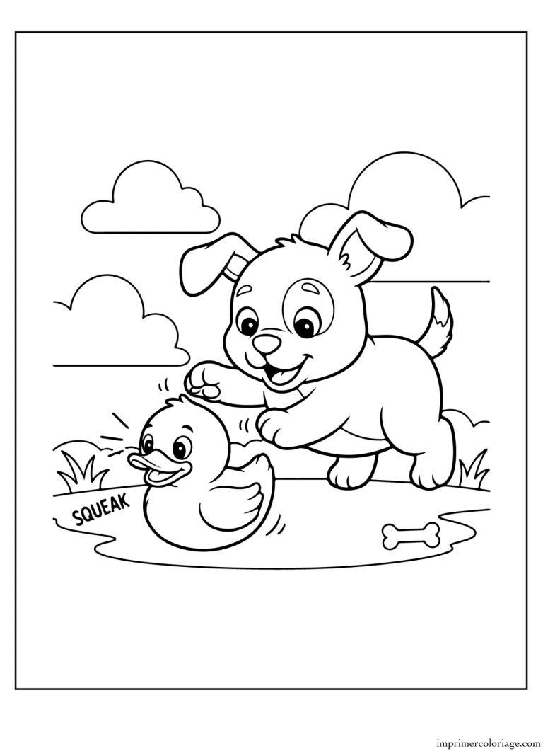Coloriage chien cute kawaii et canard - dessin gratuit &agrave; imprimer