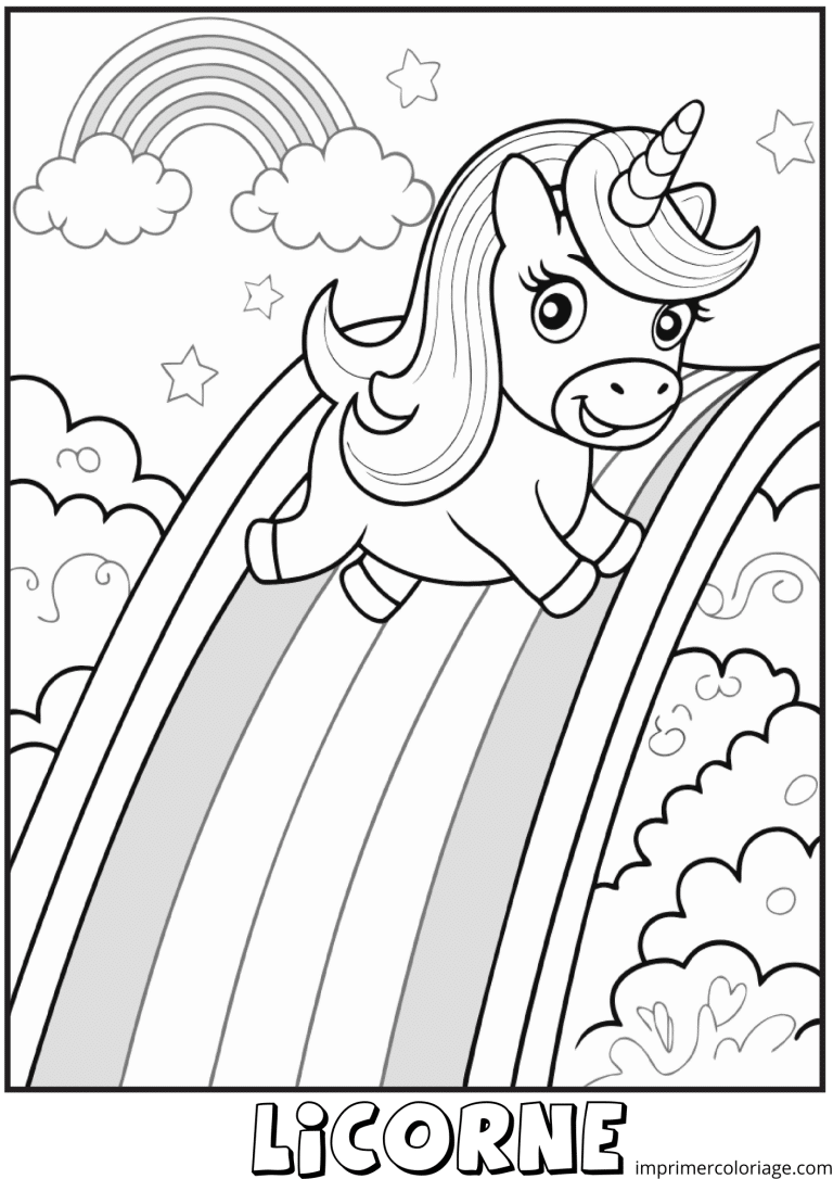 Coloriage de licorne qui trotte sur un arc en ciel à imprimer Coloriage de licorne qui trotte sur un arc en ciel - dessin gratuit à imprimer