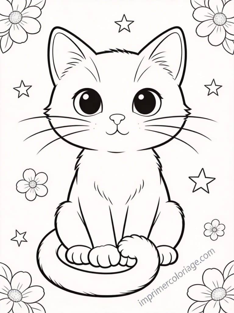 coloriage chat assis fleurs 1 - dessin gratuit &agrave; imprimer