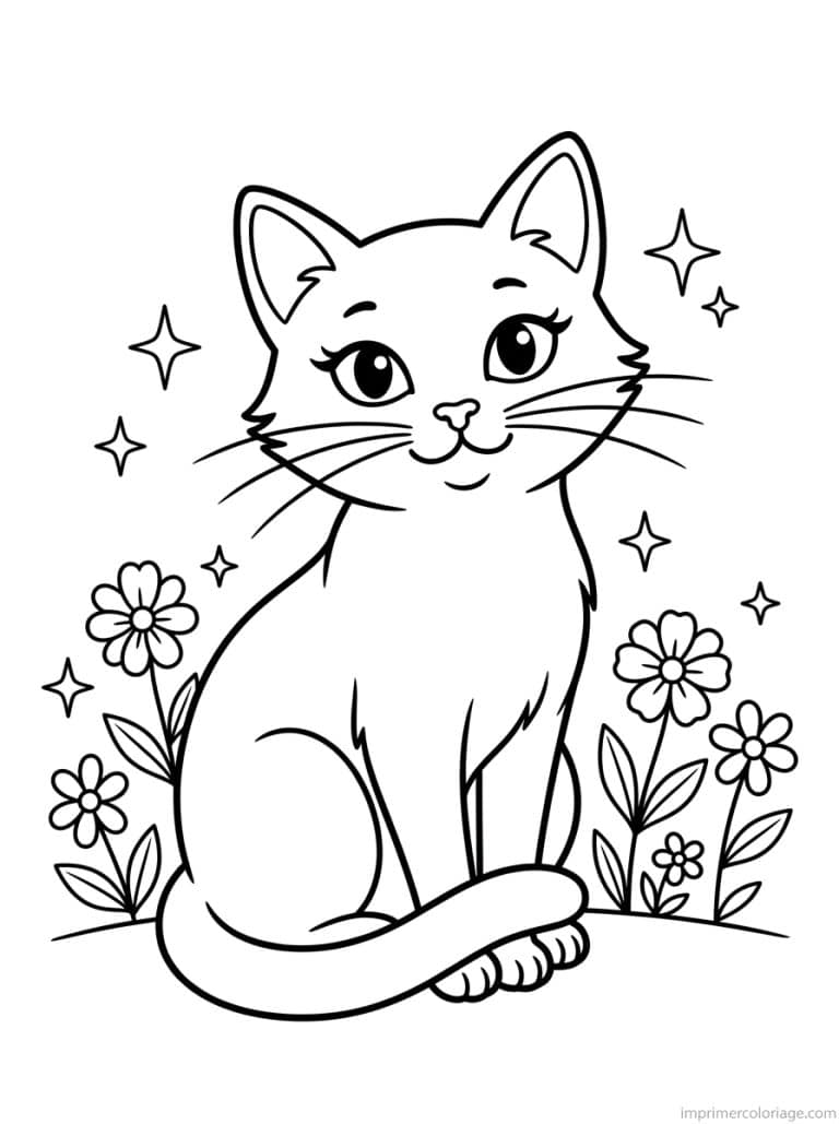 coloriage chat assis fleurs - dessin gratuit &agrave; imprimer