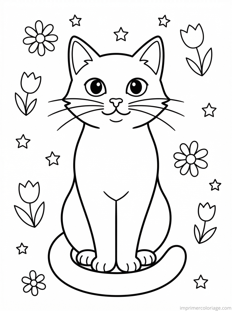 coloriage chat assis fleurs - dessin gratuit &agrave; imprimer