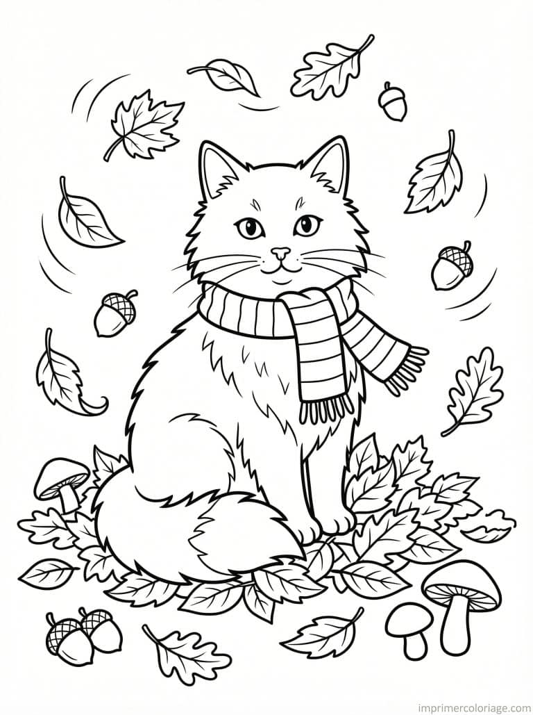 coloriage chat automne feuilles 1 - dessin gratuit &agrave; imprimer
