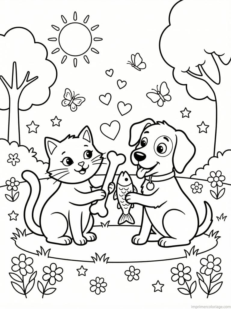 coloriage chat chien amis coeurs 1 - dessin gratuit &agrave; imprimer