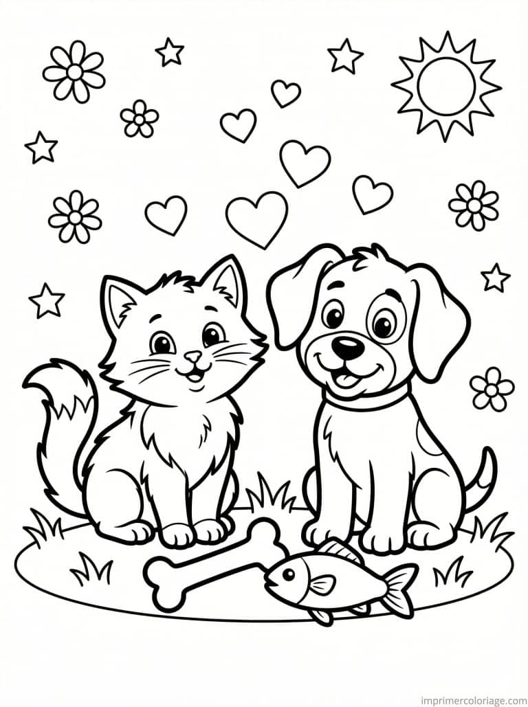 coloriage chat chien amis coeurs - dessin gratuit &agrave; imprimer