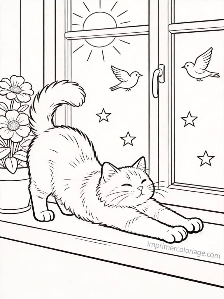 coloriage chat fenetre soleil 1 - dessin gratuit &agrave; imprimer
