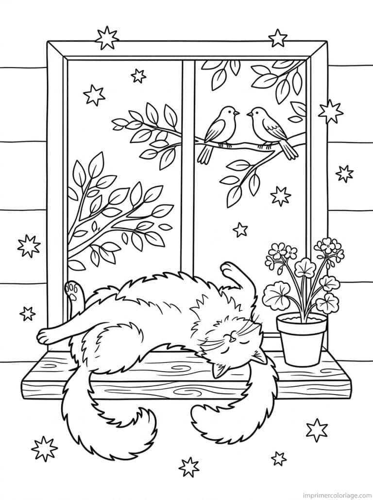 coloriage chat fenetre soleil - dessin gratuit &agrave; imprimer