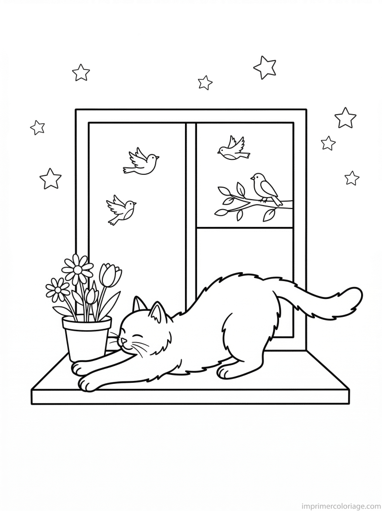 coloriage chat fenetre soleil - dessin gratuit &agrave; imprimer