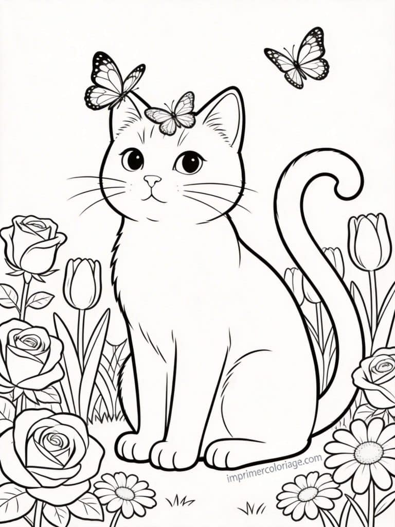 coloriage chat jardin roses 1 - dessin gratuit &agrave; imprimer
