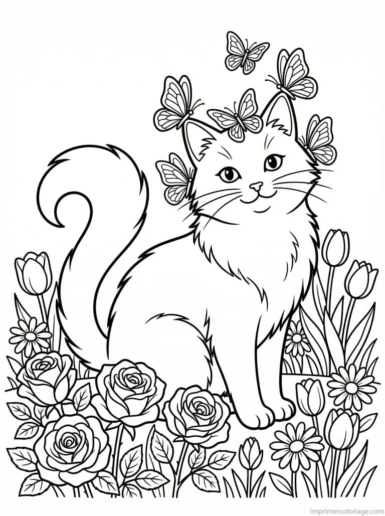 coloriage chat jardin roses - dessin gratuit &agrave; imprimer