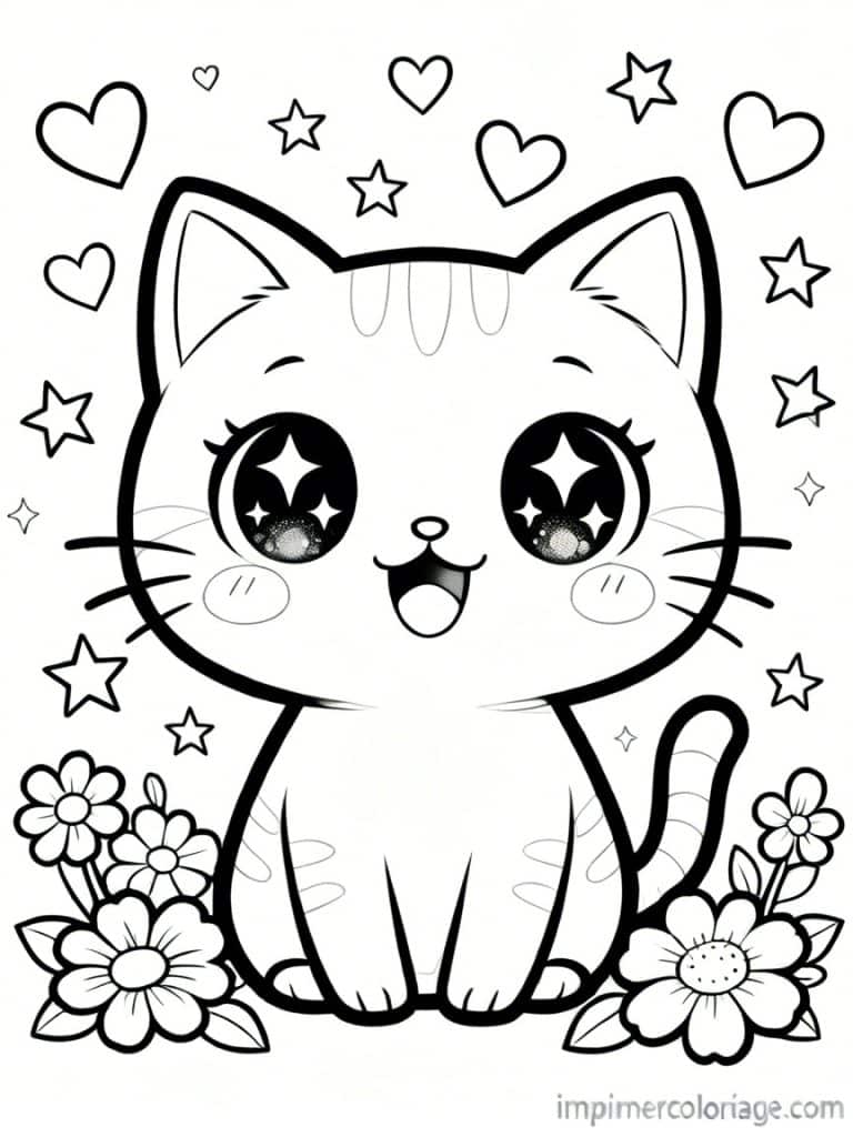 coloriage chat kawaii etoiles - dessin gratuit &agrave; imprimer