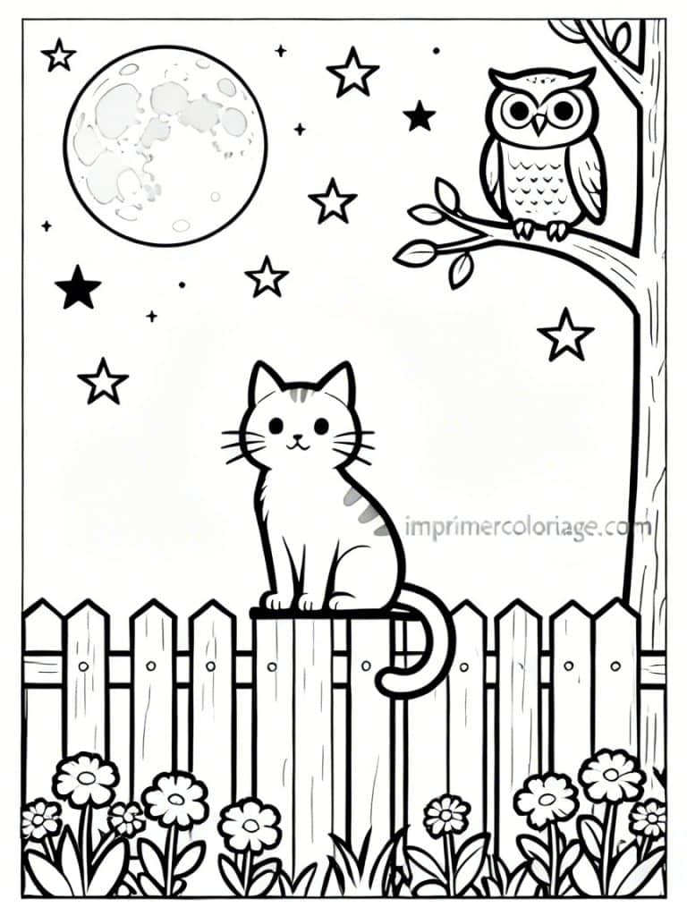 coloriage chat lune nuit etoiles - dessin gratuit &agrave; imprimer