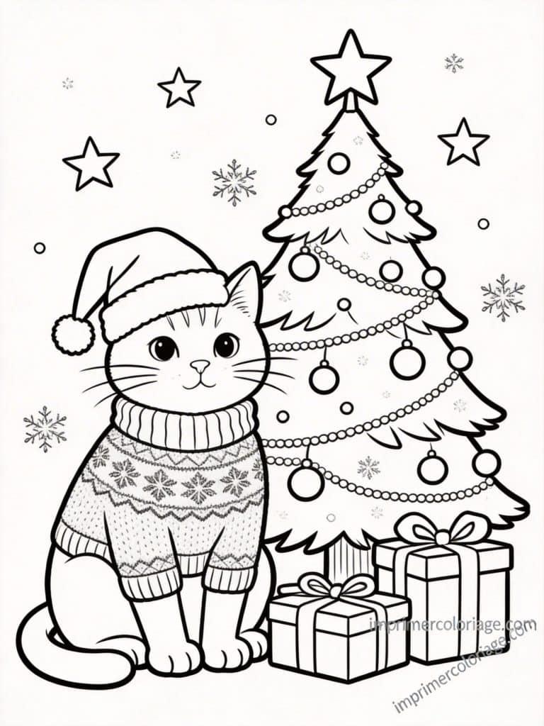 coloriage chat noel sapin 1 - dessin gratuit &agrave; imprimer