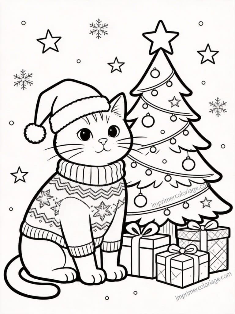 coloriage chat noel sapin 2 - dessin gratuit &agrave; imprimer