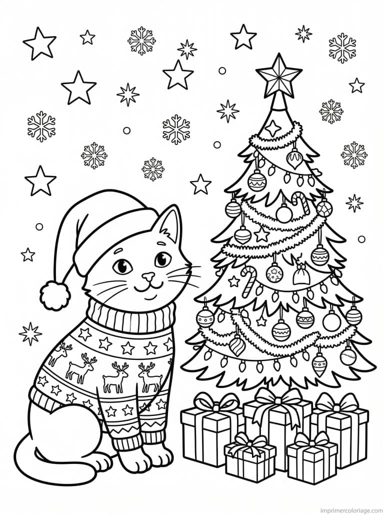 coloriage chat noel sapin - dessin gratuit &agrave; imprimer