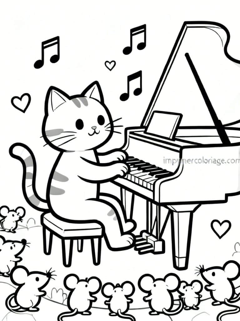 coloriage chat piano notes - dessin gratuit &agrave; imprimer