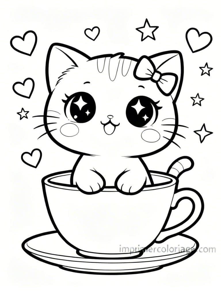 coloriage chaton kawaii tasse 1 - dessin gratuit &agrave; imprimer