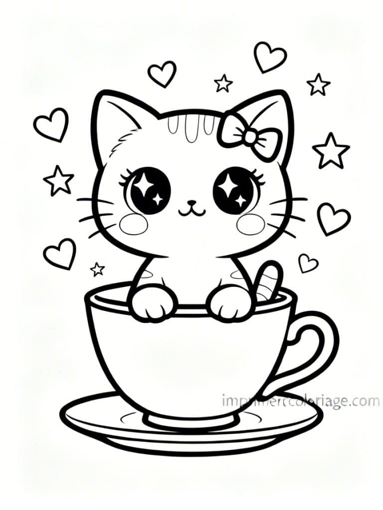 coloriage chaton kawaii tasse - dessin gratuit &agrave; imprimer