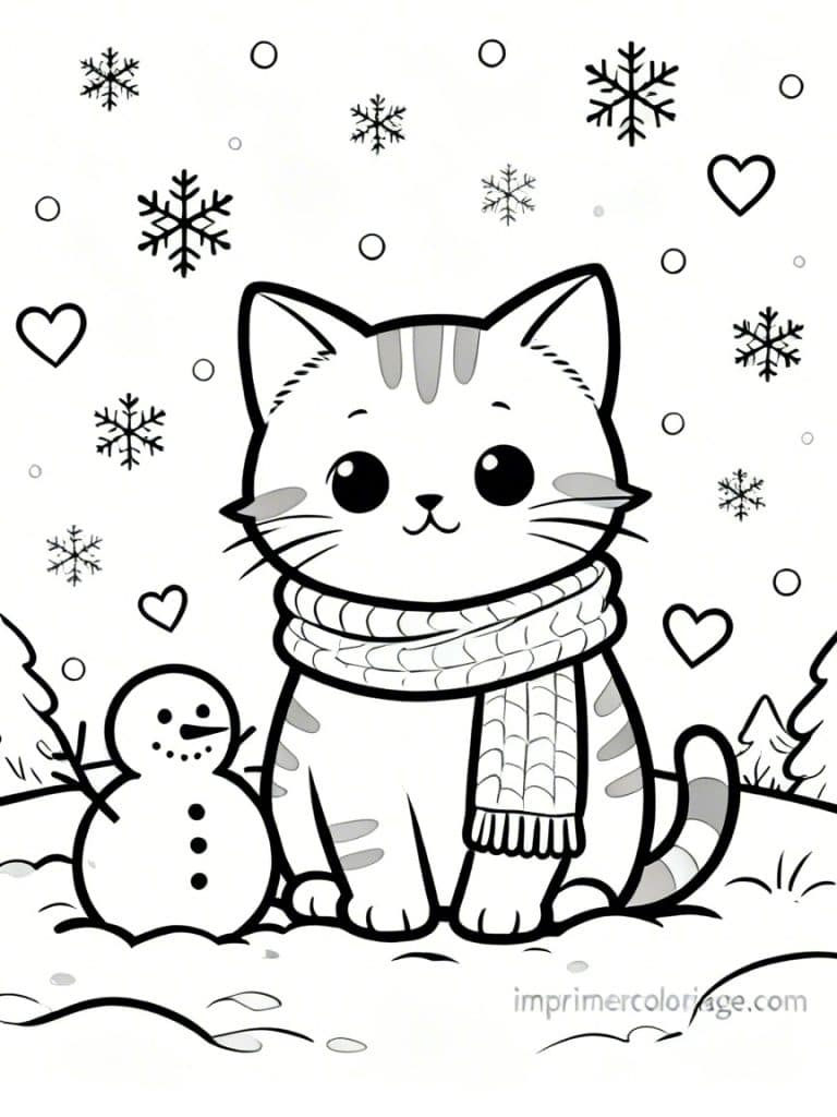 coloriage chaton neige hiver - dessin gratuit &agrave; imprimer