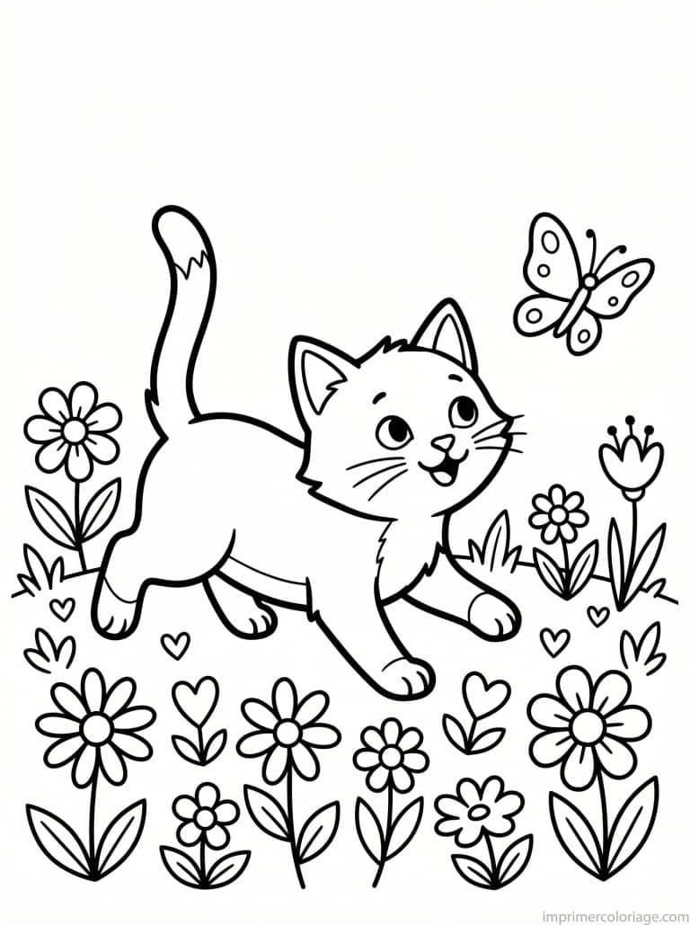 coloriage chaton papillon prairie - dessin gratuit &agrave; imprimer