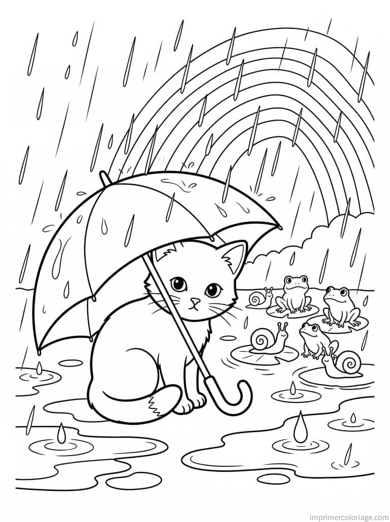 coloriage chaton parapluie pluie - dessin gratuit &agrave; imprimer