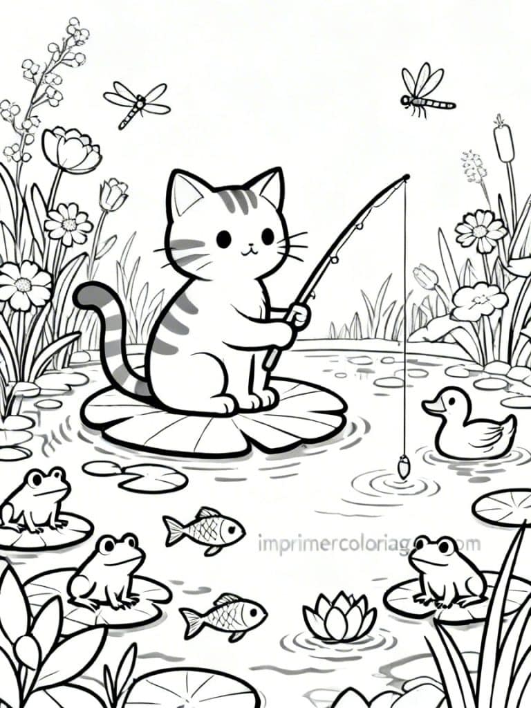 coloriage chaton peche etang 1 - dessin gratuit &agrave; imprimer