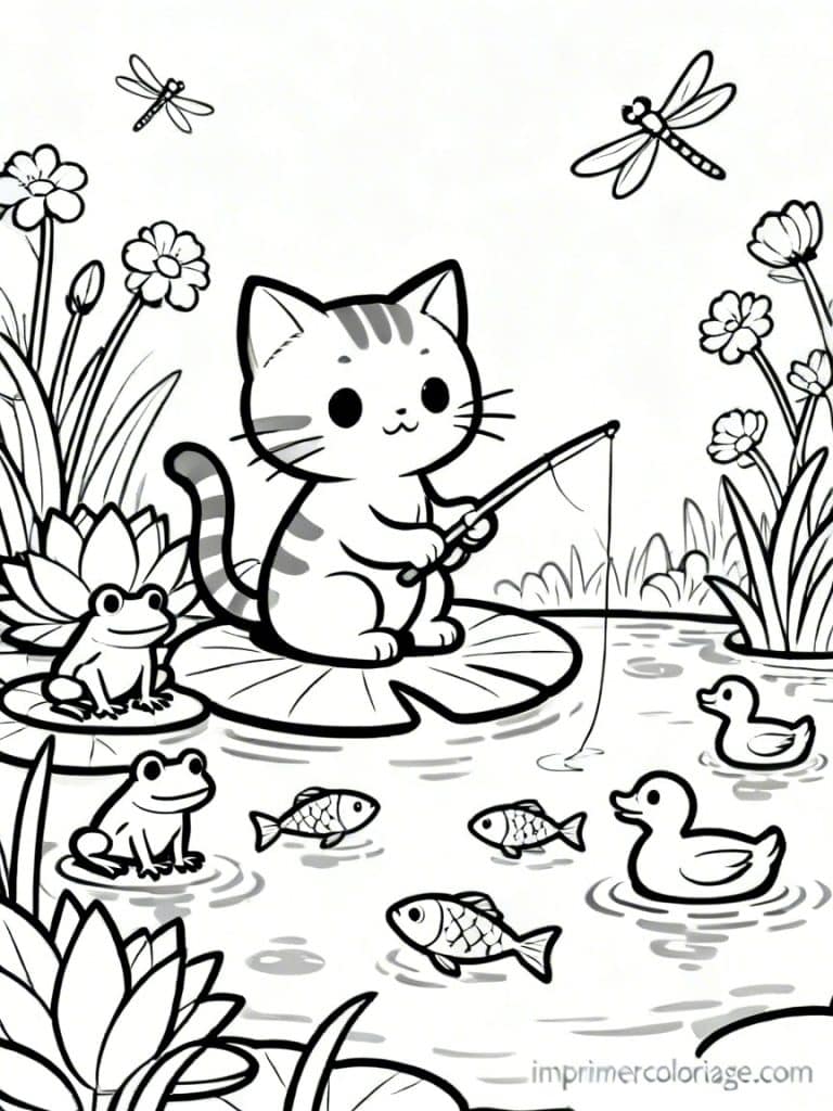 coloriage chaton peche etang - dessin gratuit &agrave; imprimer