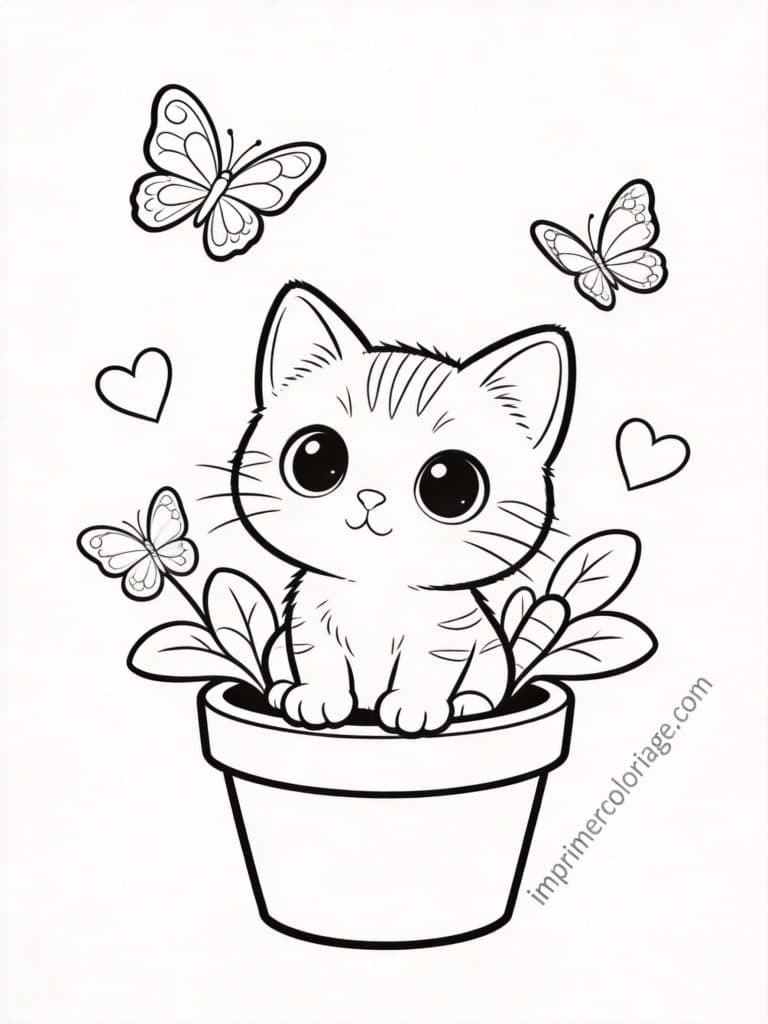 coloriage chaton pot fleurs 1 - dessin gratuit &agrave; imprimer