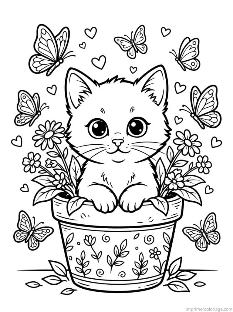 coloriage chaton pot fleurs - dessin gratuit &agrave; imprimer