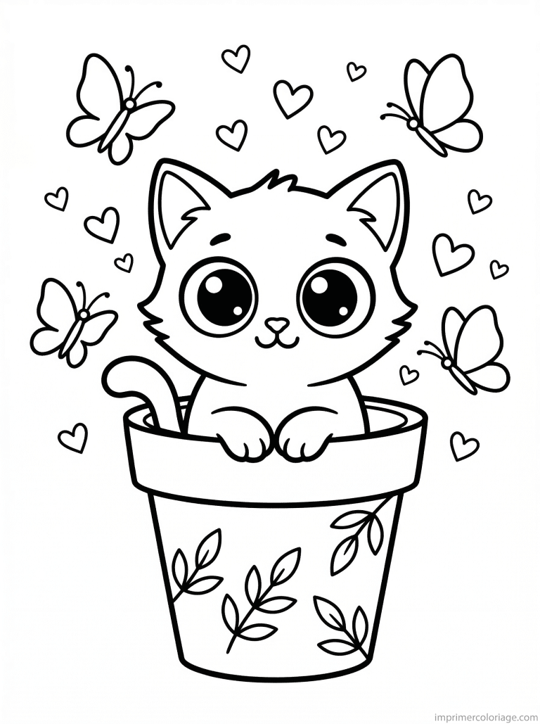 coloriage chaton pot fleurs - dessin gratuit &agrave; imprimer