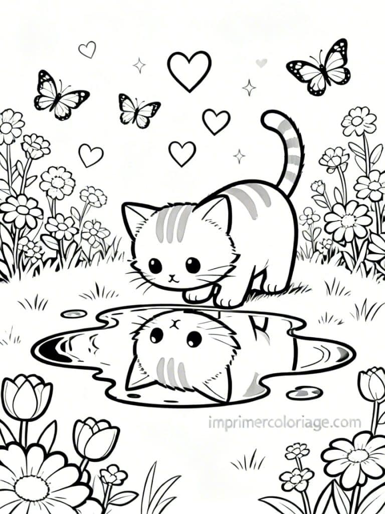 coloriage chaton reflet flaque 1 - dessin gratuit &agrave; imprimer