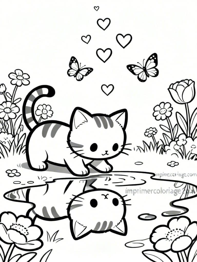 coloriage chaton reflet flaque - dessin gratuit &agrave; imprimer