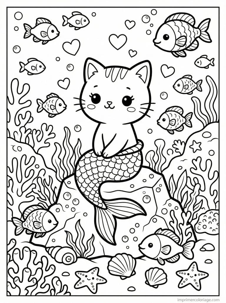 coloriage chaton sirene ocean 1 - dessin gratuit &agrave; imprimer
