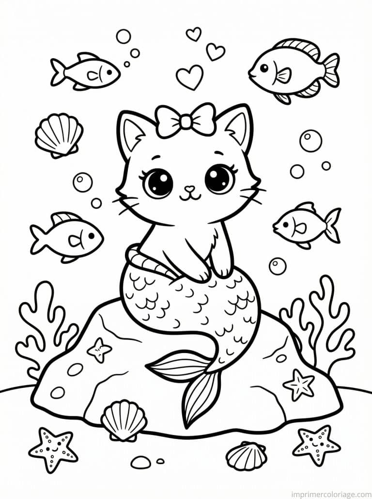 coloriage chaton sirene ocean - dessin gratuit &agrave; imprimer