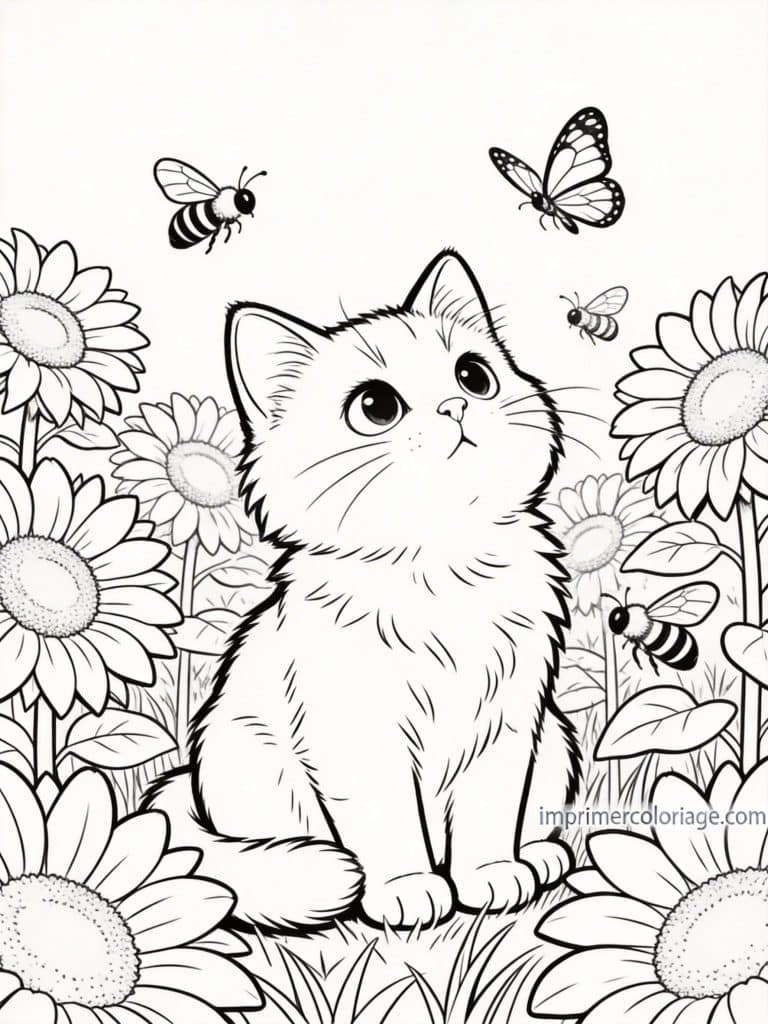 coloriage chaton tournesols abeilles 1 - dessin gratuit &agrave; imprimer