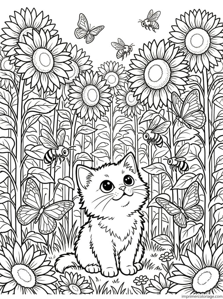 coloriage chaton tournesols abeilles - dessin gratuit &agrave; imprimer
