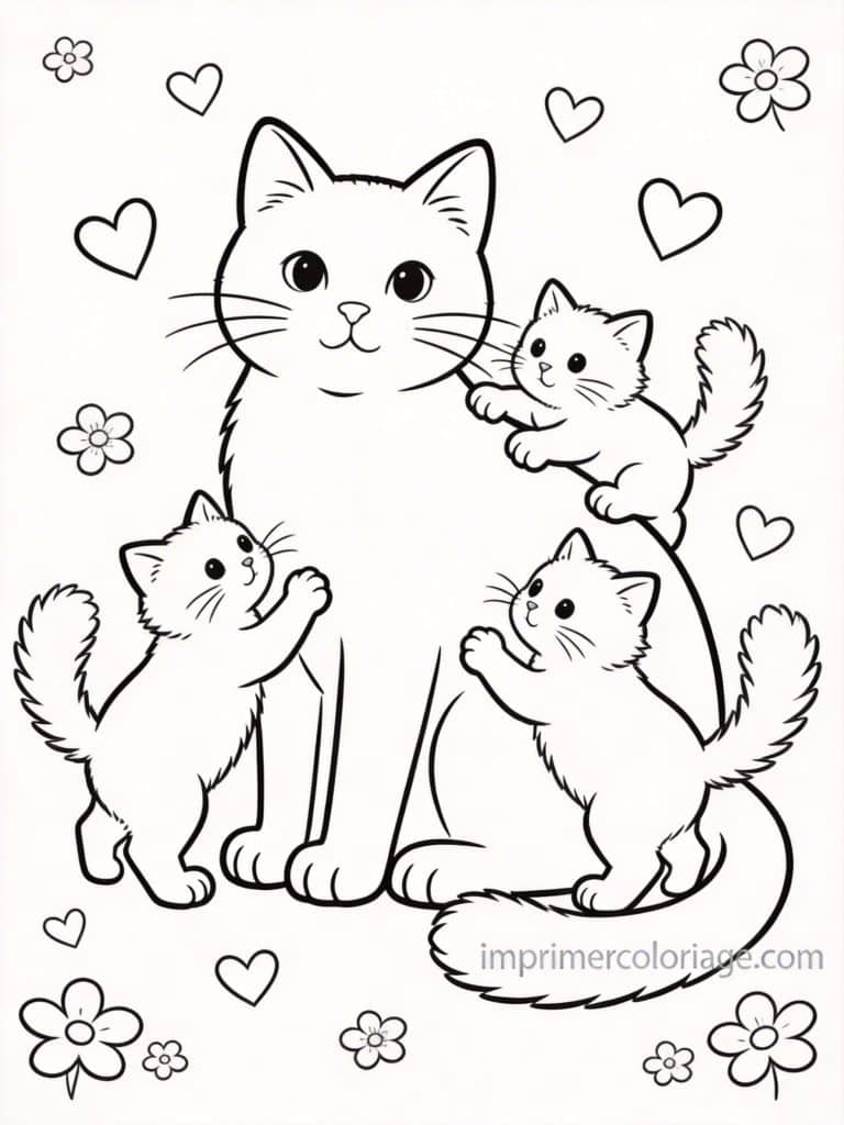 coloriage chats famille coeurs 1 - dessin gratuit &agrave; imprimer