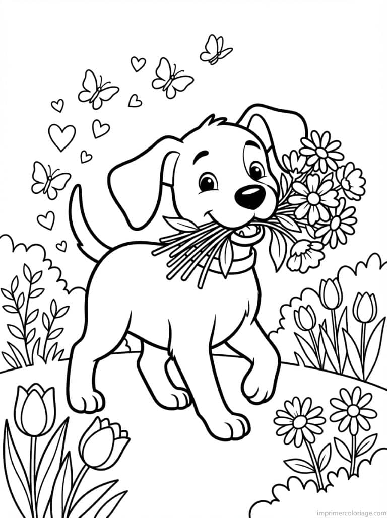 coloriage chien bouquet fleurs - dessin gratuit &agrave; imprimer