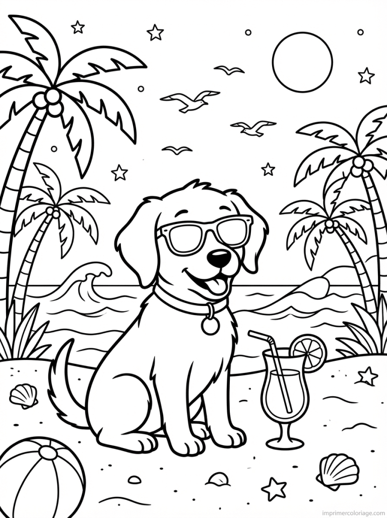 coloriage chien plage lunettes - dessin gratuit &agrave; imprimer