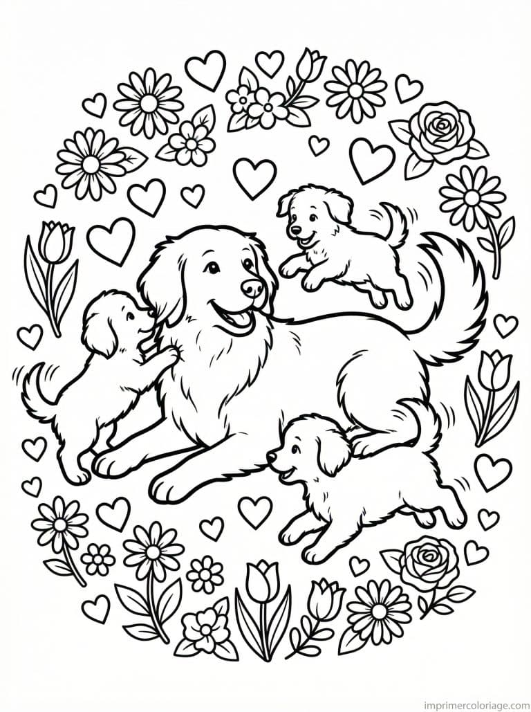 coloriage chiens famille chiots - dessin gratuit &agrave; imprimer