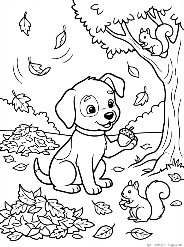 coloriage chiot automne feuilles - dessin gratuit &agrave; imprimer