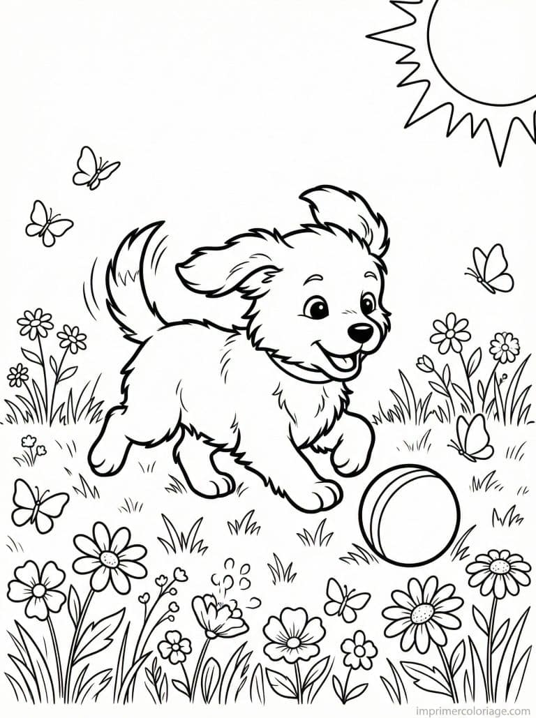 coloriage chiot balle prairie - dessin gratuit &agrave; imprimer