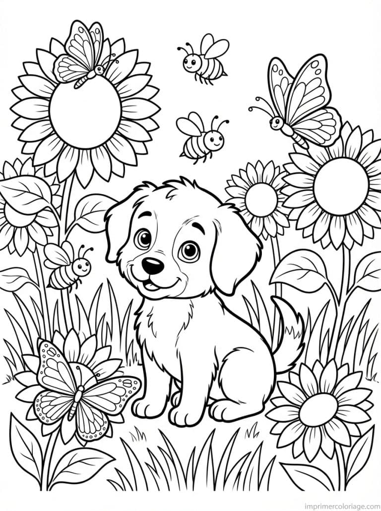 coloriage chiot tournesols papillons - dessin gratuit &agrave; imprimer