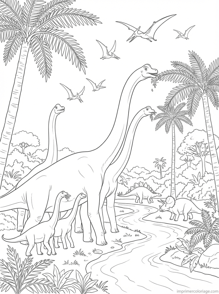 coloriage dinosaure brachiosaure famille arbres - dessin gratuit &agrave; imprimer