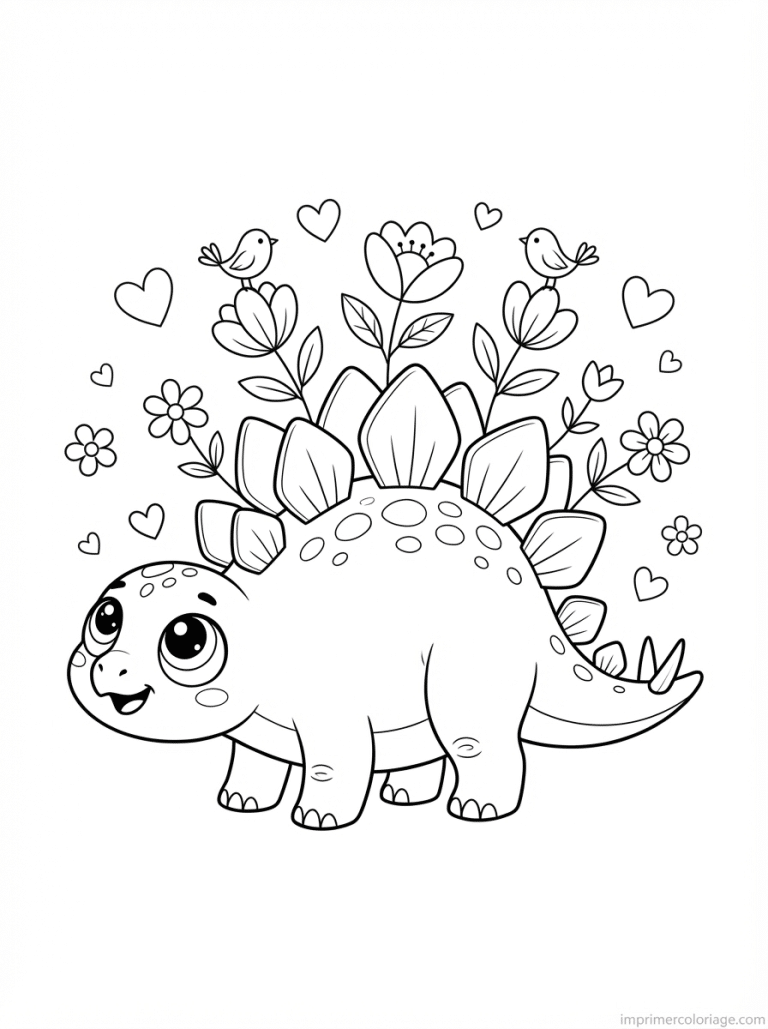 coloriage dinosaure cute stegosaure fleurs - dessin gratuit &agrave; imprimer