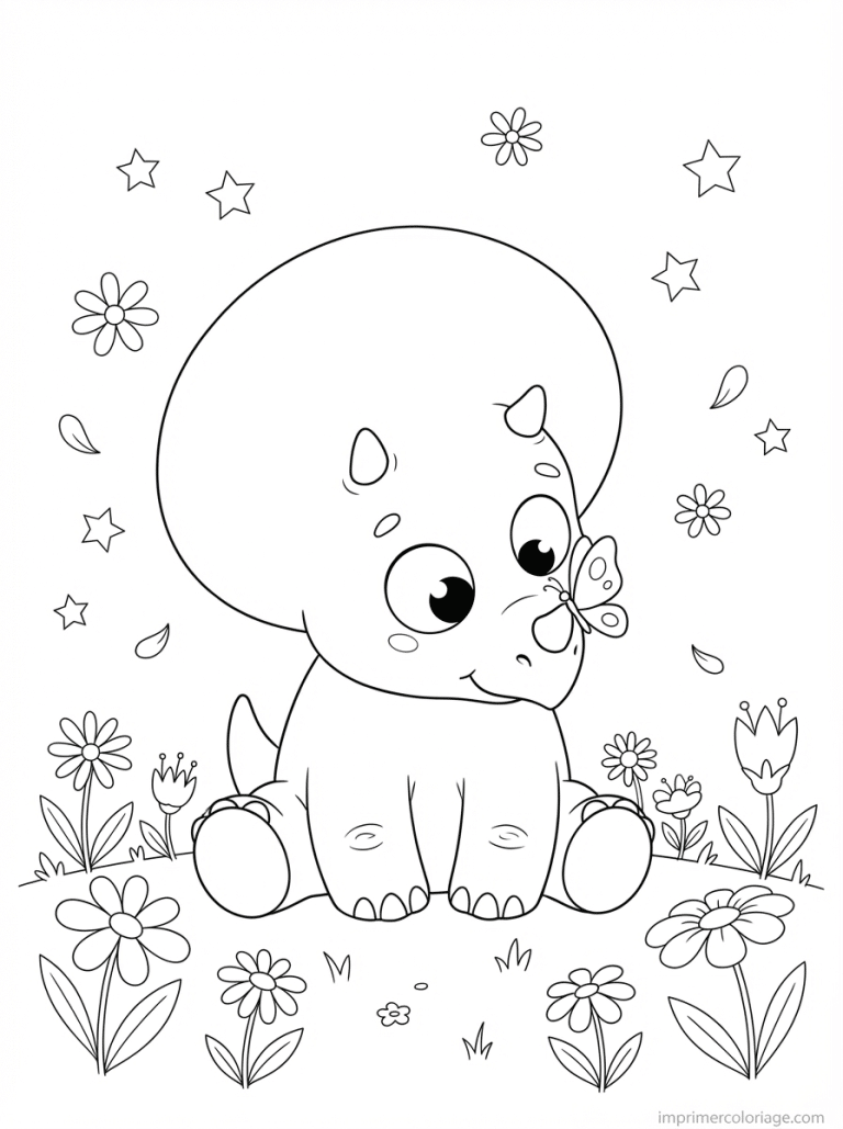 coloriage dinosaure cute triceratops papillon - dessin gratuit &agrave; imprimer