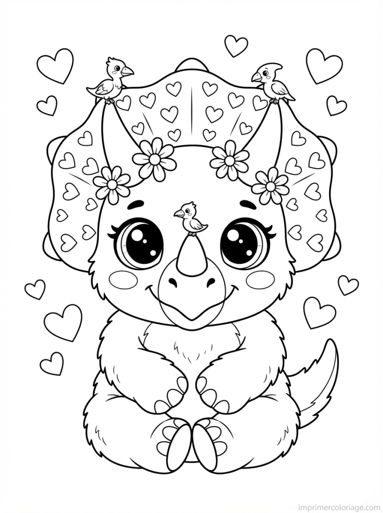 coloriage dinosaure kawaii triceratops fleurs - dessin gratuit &agrave; imprimer