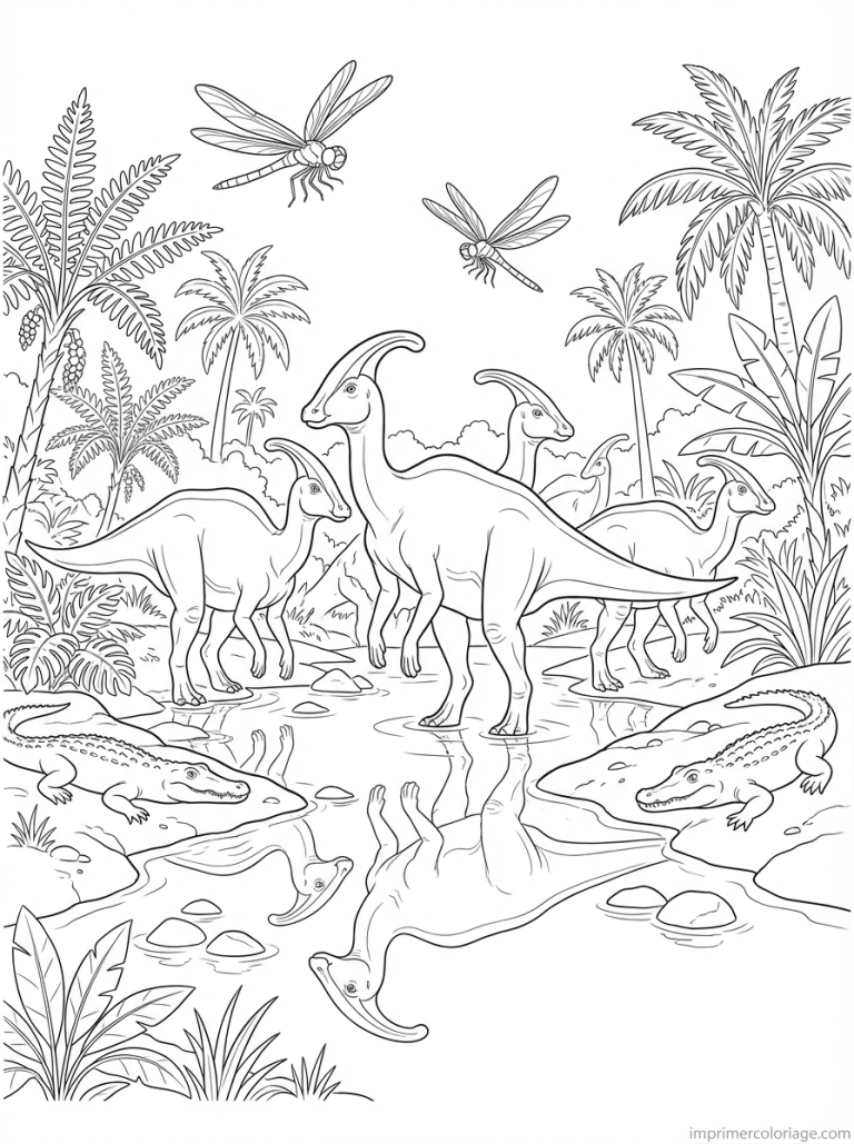 coloriage dinosaure parasaurolophus riviere - dessin gratuit &agrave; imprimer
