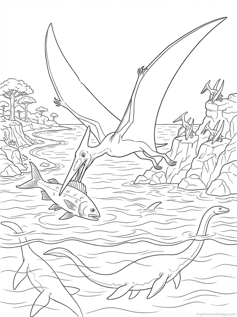 coloriage dinosaure pterodactyle ocean poisson - dessin gratuit &agrave; imprimer