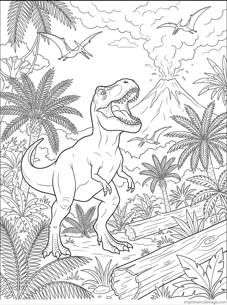 coloriage dinosaure trex jungle volcan - dessin gratuit &agrave; imprimer