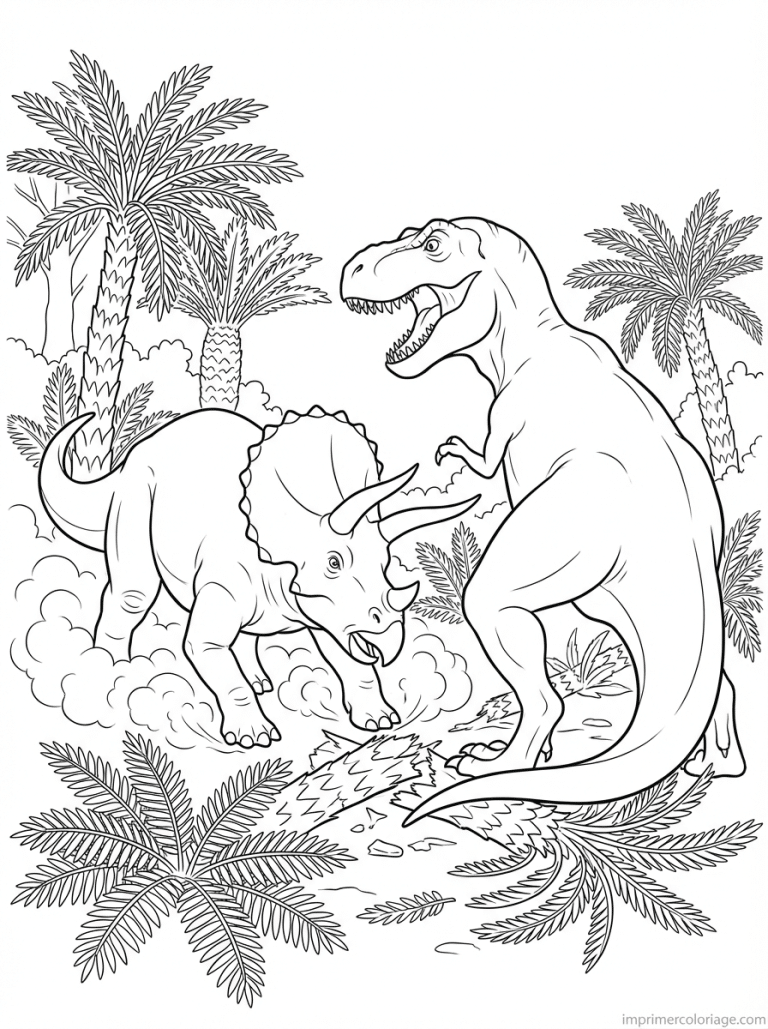 coloriage dinosaure triceratops trex combat - dessin gratuit &agrave; imprimer